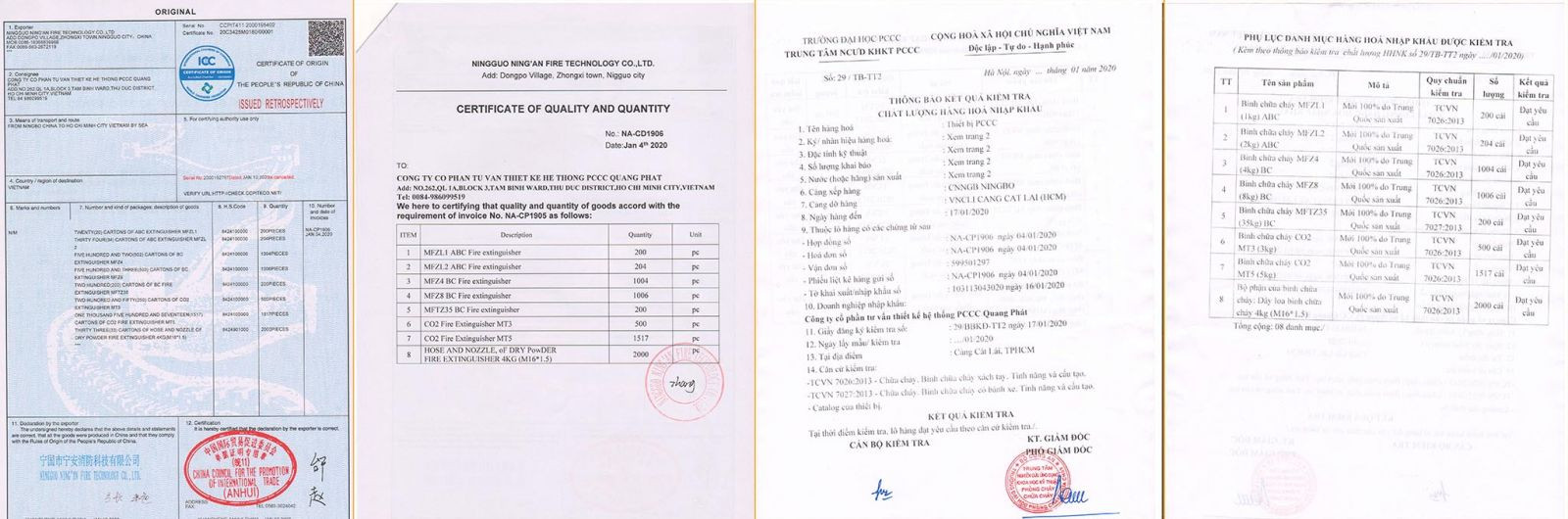 Chứng nhận xuất xứ, nhập khẩu và kiểm định của bình pccc bột ABC