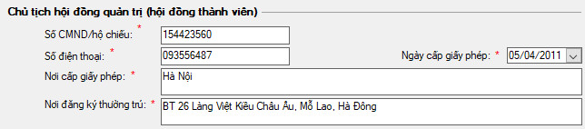 Thông tin Chủ tịch hội đồng quản trị