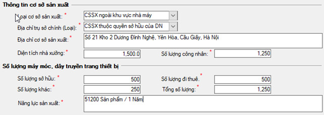 Thông tin chi tiết về cơ sở sản xuất và lượng máy móc
